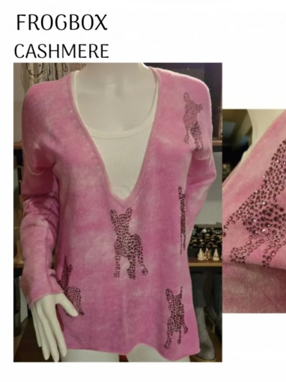 NWOT PINK CASHMERE Rhinestone DEEP V-NECK SWEATER LARGE 38